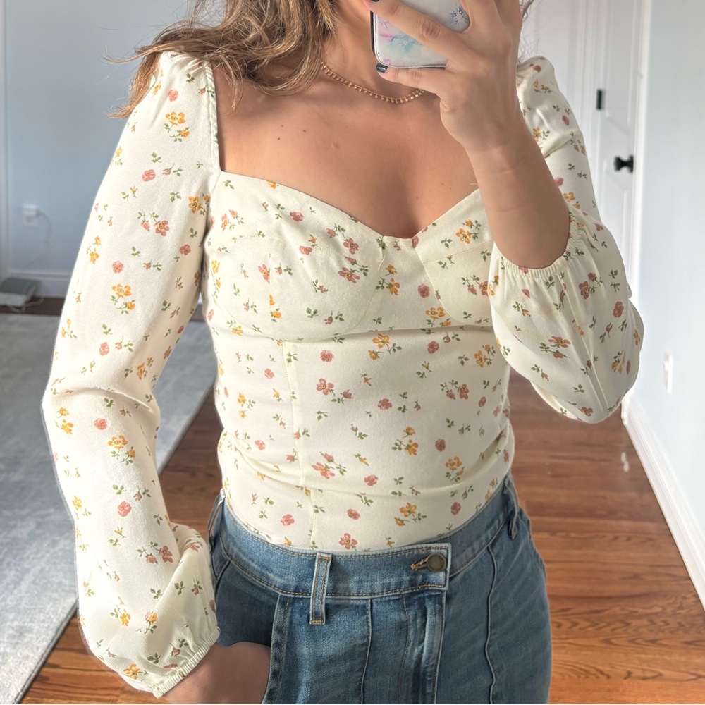 Reformation Cream Floral Sweetheart Long Sleeve Blouse